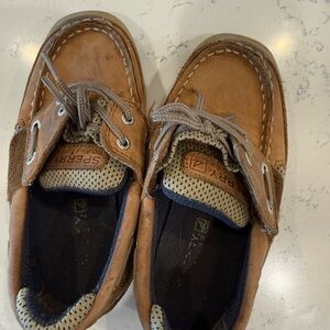 Sperry Kids Tan Leather Boat Shoes with Gray Accents